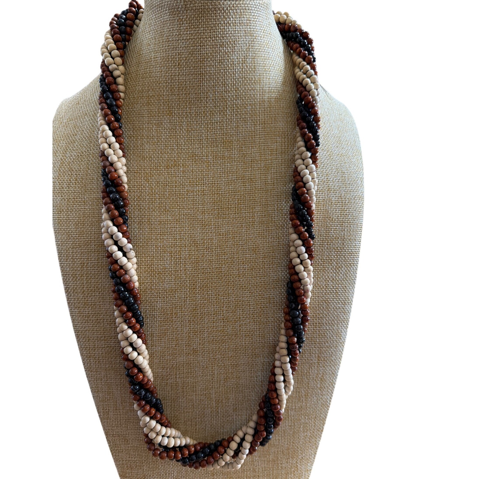 Multi Strand Twisted Wooden Bead Necklace Brown Cream Black Ribbon Tie Boho